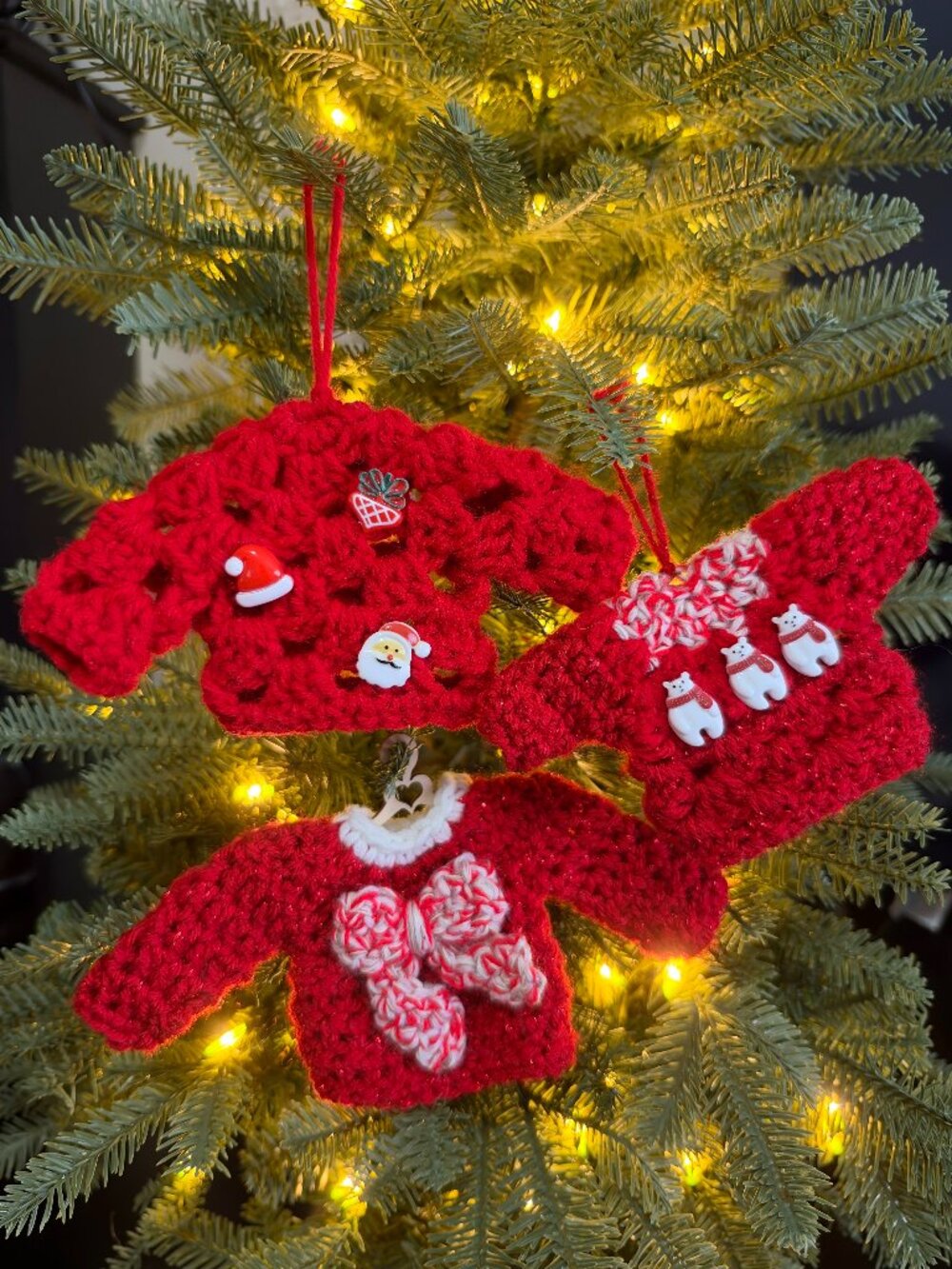 Handmade Crochet Ugly Christmas Sweaters Hanging Red Ornaments Set of 3